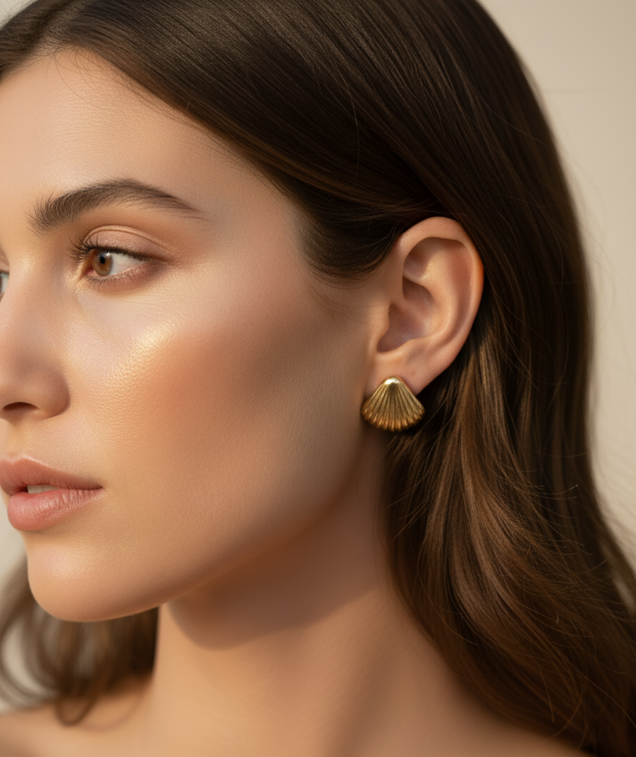 Boucles d’oreilles Shella portées – acier inoxydable doré – Jewelya AG