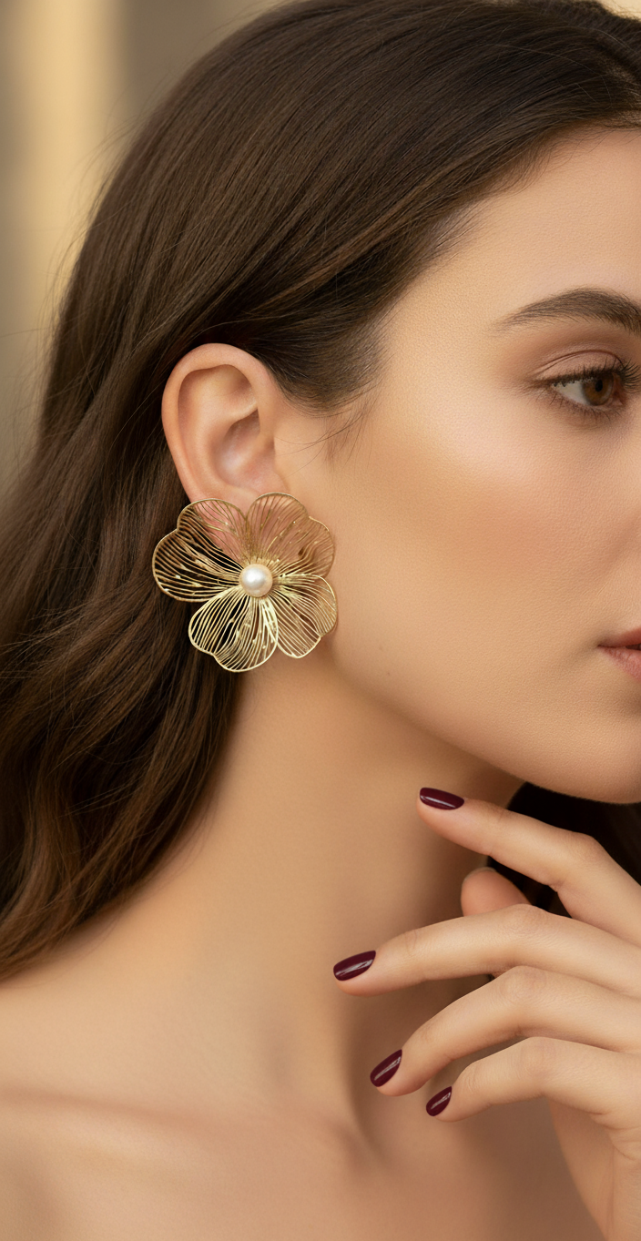 Boucles d’oreilles Bloom portées – acier inoxydable doré – Jewelya AG