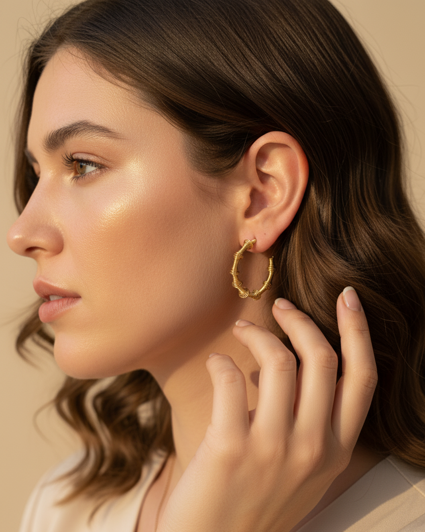 Boucles d’oreilles Almira portées – acier inoxydable doré – Jewelya AG