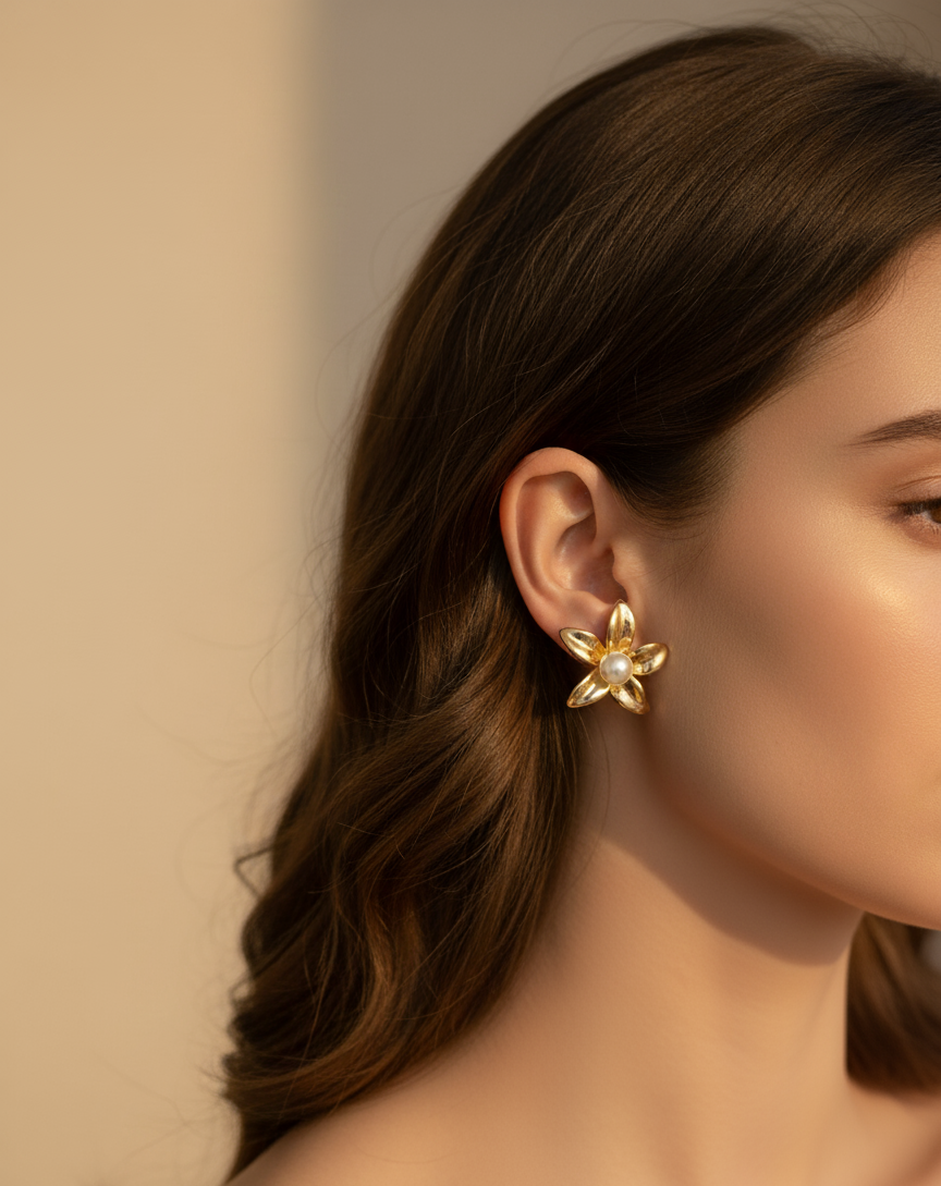 Boucles d’oreilles Perlea portées – acier inoxydable doré – Jewelya AG